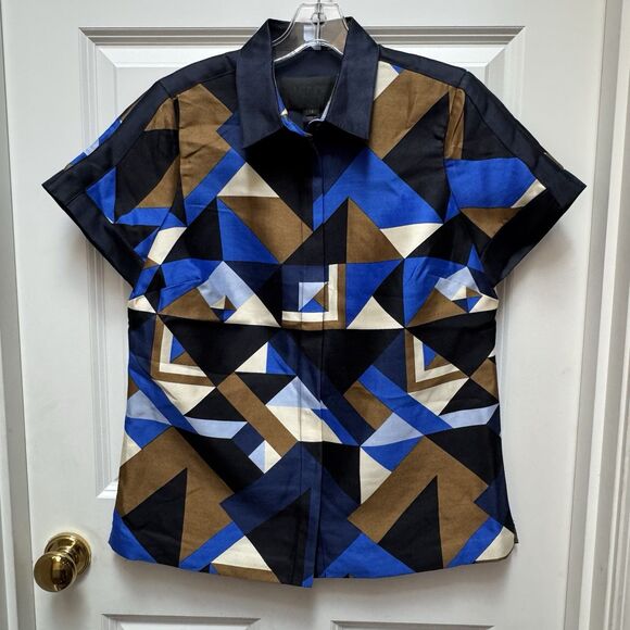 J.CREW COLLECTION Wool-silk cubist Size 10 geometric print blue top Jenna Lyons - Picture 2 of 9